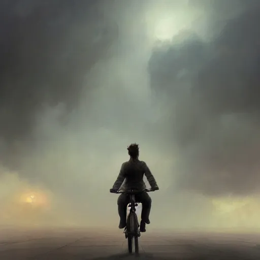 Image similar to cinematic shot epic portrait david tennant riding a bicycle in the streets, atmospheric, cloudy, broad light, ambient occlusion, volumetric light effect, made by ivan aivazovsky, peter mohrbacher, greg rutkowski, ross tran, matte painting, trending on artstation, 4 k, perfectly defined features, digital painting, cinematic, epic, highly detailed,