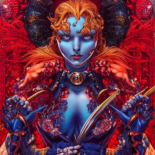 Image similar to portrait of crazy mystique, symmetrical, by yoichi hatakenaka, masamune shirow, josan gonzales and dan mumford, ayami kojima, takato yamamoto, barclay shaw, karol bak, yukito kishiro