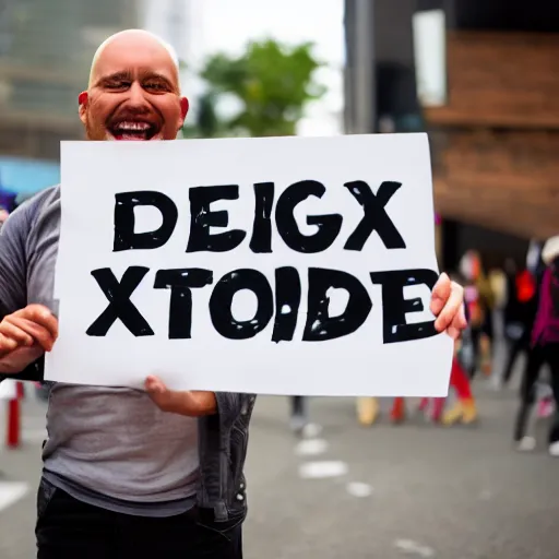 Image similar to photograph of smiling man holding a protest sign saying'xd ', high detail, 8 k resolution