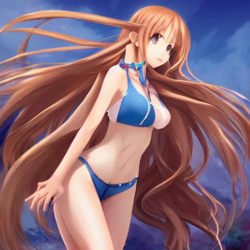 Image similar to a very beautiful yuuki asuna, full body, long wavy blond hair, sky blue eyes, full round face,, bikini, miniskirt, front view, mid - shot, highly detailed, cinematic wallpaper by stanley artgerm lau