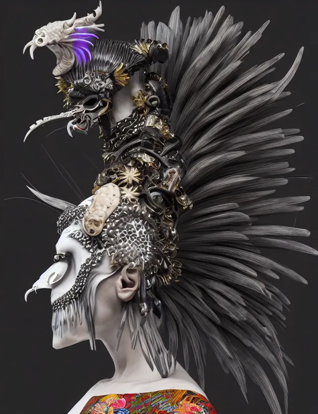 Image similar to 3 d goddess close - up profile simple portrait punk with mohawk with goat skull. beautiful intricately detailed japanese crow kitsune mask and clasical japanese kimono. betta fish, jellyfish phoenix, bio luminescent, plasma, ice, water, wind, creature, artwork by tooth wu and wlop and beeple and greg rutkowski