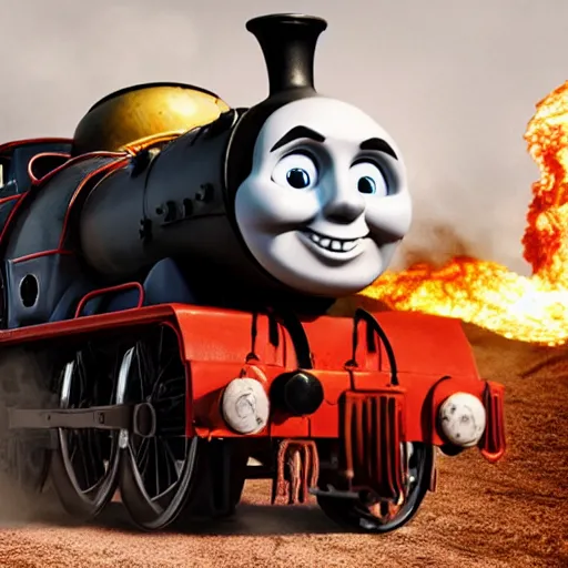 Image similar to evil chthonic Thomas the Tank Engine in the fiery Wasteland of MAD MAX: FURY ROAD