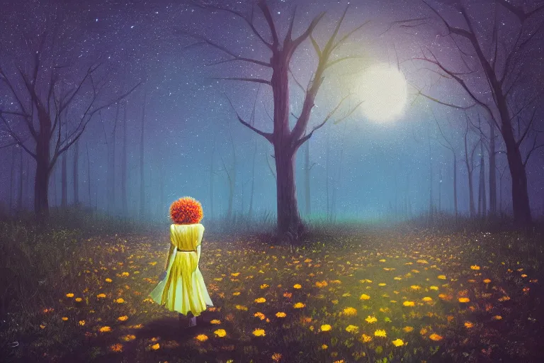 Image similar to giant daisy flower head, girl walking in a moonlit forest, hills, surreal photography, dark night, star trails, dramatic light, impressionist painting, clouds, digital painting, artstation, simon stalenhag