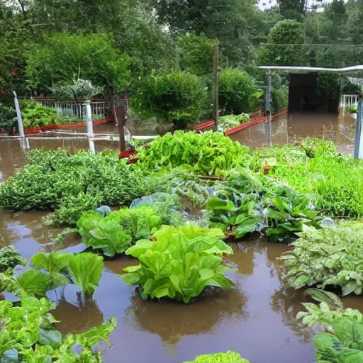 Prompt: The outdoor gardening center section of a Lowe's, completely flooded