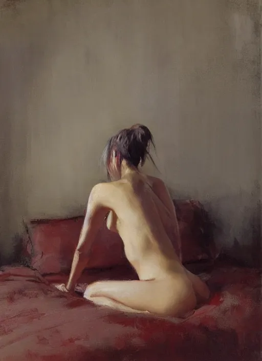 Image similar to beautiful portrait painting of a woman with a bun posing in an artistic pose over a bed, by jeremy mann, only one head single portrait