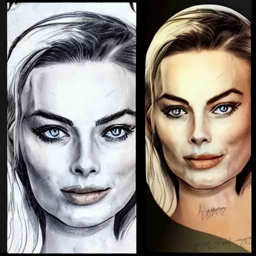 Image similar to face morph tattoo design sketch of margot robbie blended with beautiful mountain scenery, in the style of chris mataafa, amazing detail