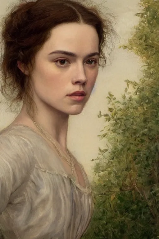 Image similar to a pre raphaelite painting of Daisy Ridley by dante gabriel rossett