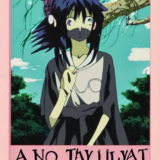 Image similar to an anime film vhs cover for a film by miyazaki of studio ghibli and tim burton, of a pastel goth vampire bat woman learning how to live in an empty cottage by herself in the middle of the woods, old vintage vhs, scan lines, grainy quality, real anime, fairies