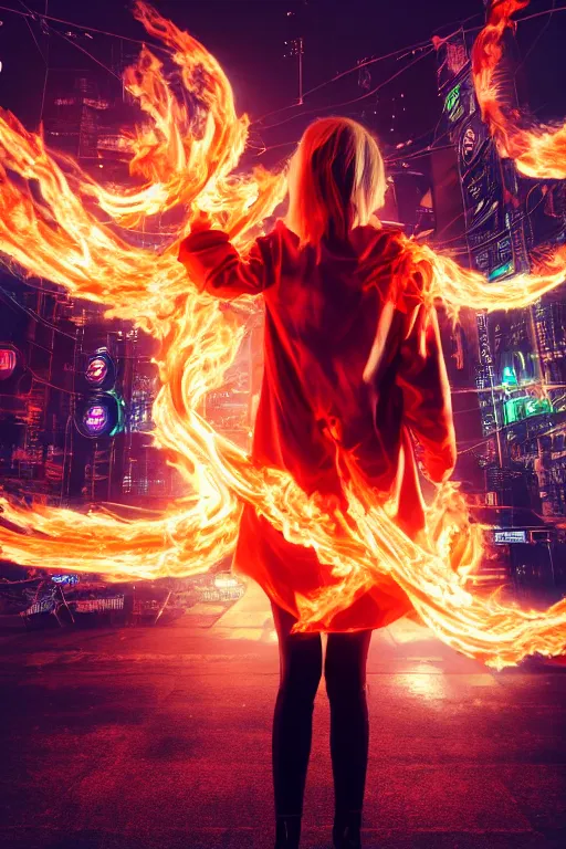 Image similar to young blonde woman from behind with flames dancing on her hands with a long jacket in a cyberpunk city, realistic, high definition, 4K, shimmering color, digital art