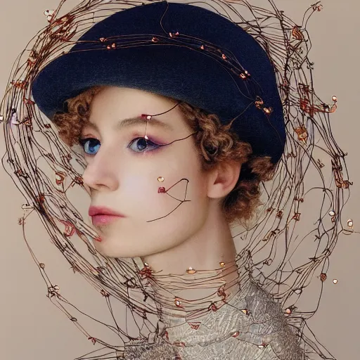Image similar to a beautiful portrait with a hat made by rosegold wire designed by balenciaga and inspired by egon schiele style,some wires and flowers around the head,navy blue flowers and wires made by rose gold,cinematic lighting,cinematic composition,highly detailed,inspired by baroque jewelry ,hyper realistic,