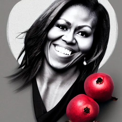 Image similar to photo of a pomegranate with michelle obama's face, standing tall, smiling softly, sharp detailed face, highly detailed, artstation, 8 k