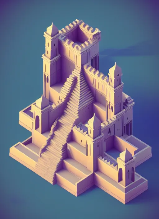 Prompt: a low poly isometric render of palace in the style of monument valley, intricate, elegant, smooth shading, soft lighting, illustration, simple, solid shapes, by magali villeneuve, escher, jeremy lipkin and michael garmash, rob rey and kentaro miura style, octane render