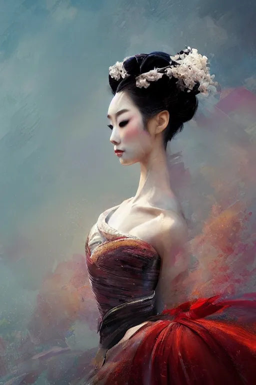 Image similar to geisha prima ballerina, gorgeous, ethereal, close-up portrait, intricate, elegant, volumetric lighting, scenery, digital painting, highly detailed, artstation, sharp focus, illustration, concept art, ruan jia, steve mccurry