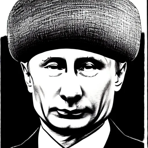 Image similar to vladimir putin with a nuclear mushroom cloud ushanka hat, cartoonish, ultra detailed pencil drawing