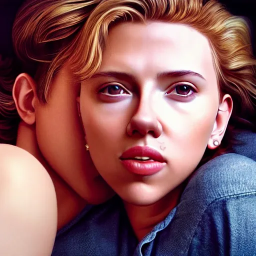 Image similar to intricate beautiful hyperreal portrait of a young scarlett johansson and young scarlett johansson, smiling softly, casual clothes, relaxing on the couch, home interior, golden hour, close up shot, 8 k, art by irakli nadar, hyperrealism, hyperdetailed, ultra realistic