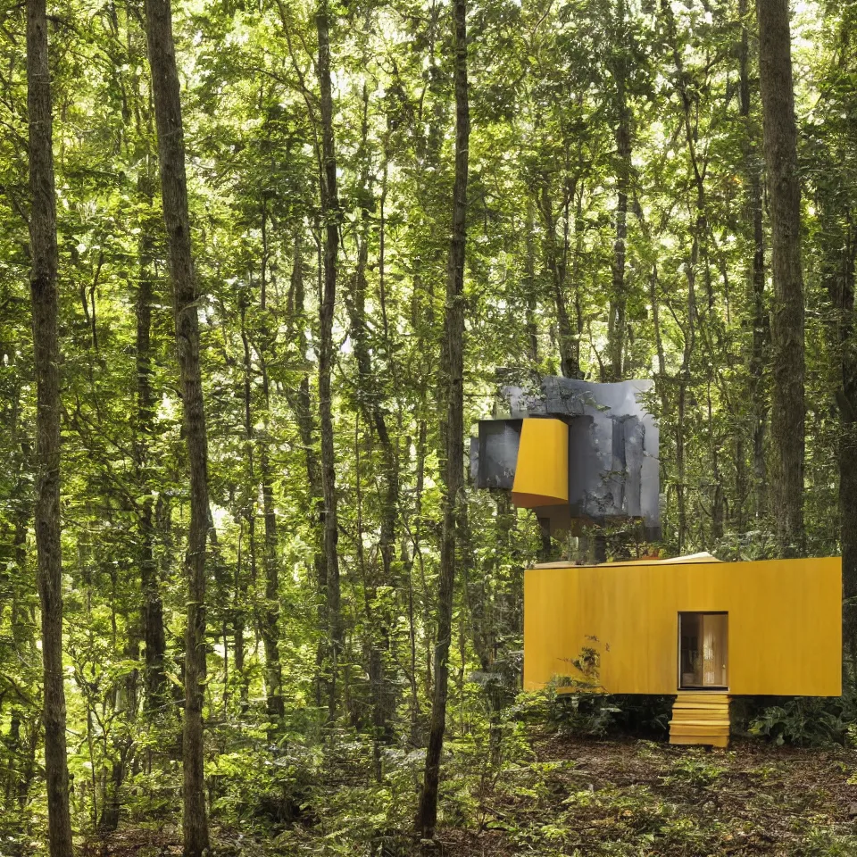 Image similar to a tiny tiny house with big tiles, from far away, in a forest, designed by frank gehry. film grain, cinematic, yellow hue