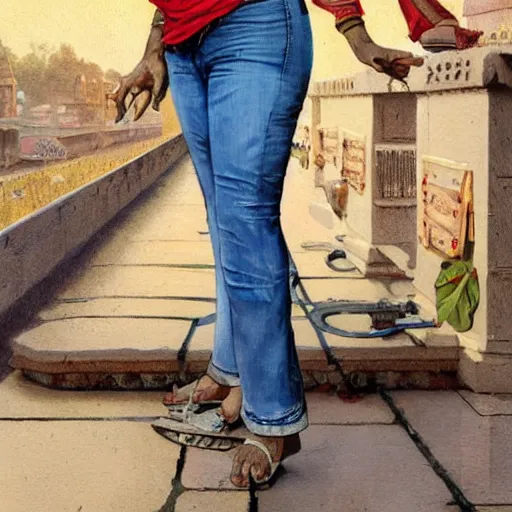 Image similar to close up a beautiful Indian doctor wearing jeans and a shirt in Texas in 2022, sun shining, photo realistic illustration by greg rutkowski, thomas kindkade, alphonse mucha, loish, norman rockwell.