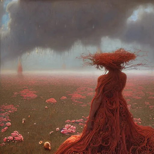 Prompt: A woman wearing clothes made out of thunder clouds and flowers, giant monsters walking in the background, red skin, Masterpiece, glowing, wires everywhere, by Edgar Maxence and Ross Tran, Zdzisław Beksiński, and Michael Whelan, distant, gustav dore, H.R. Giger, 8k, octane render