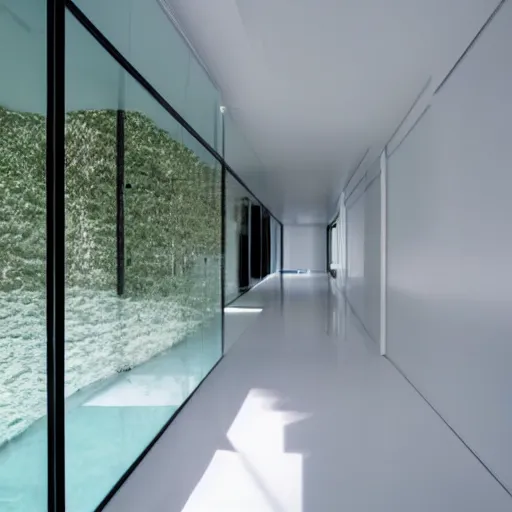 Prompt: large all white room with minimalist architecture and a large glass wall, underwater,