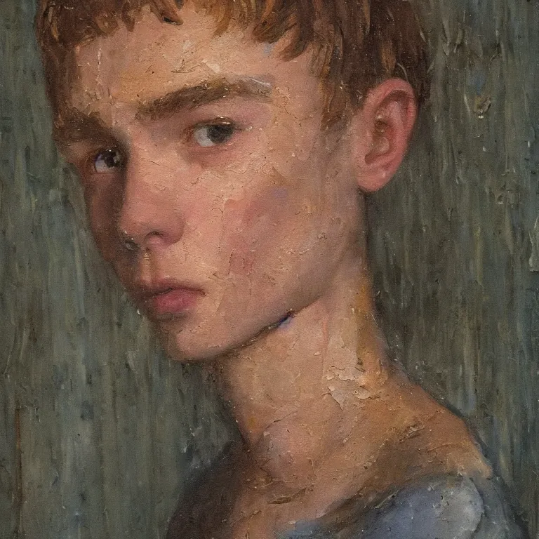 Image similar to Beautiful warmly lit close up studio portrait of young teenage Ronan the Accuser sweetly smiling cute, impasto oil painting heavy brushstrokes by Cy Twombly and Anselm Kiefer , trending on artstation dramatic lighting abstract Expressionism