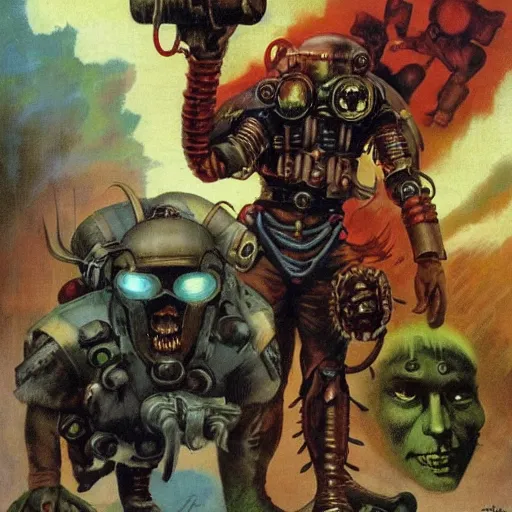 Image similar to techno shamans, telepaths, dieselpunk cyborgs, masked heroes, irradiated humans, mystic mutates and monster hunters by frazetta