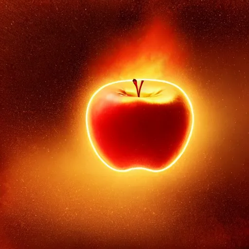 Image similar to An apple burning in space, photorealistic, desolate, terrifying, weird, strange, odd, uncanny, hyper realism, highly detailed, photorealism, smooth gradients, high contrast