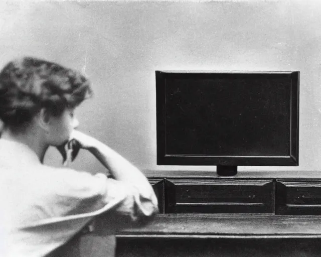 Image similar to 1 9 0 0 s photo of a person watching a flat screen hd tv