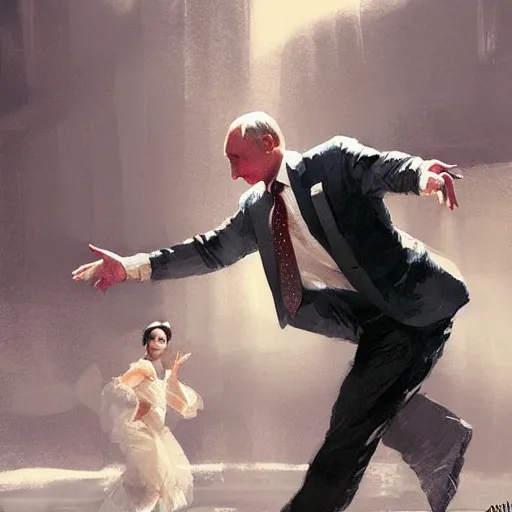 Prompt: putin wearing an funny clothes and dancing by greg rutkowski