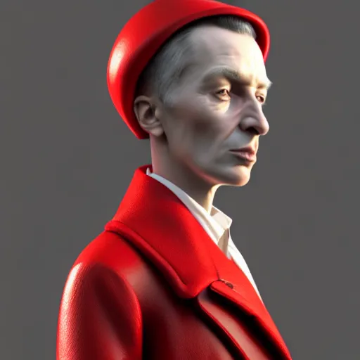 Image similar to a close up of a person wearing a red coat, a character portrait by jerry eisenberg, cgsociety, photorealism, # vfxfriday, physically based rendering, strange