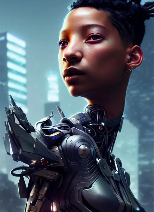 Prompt: willow smith as a weaponized cyborg, cyberpunk, intricate wirings, highly detailed, sci - fi, octane render, 8 k, sharp focus, smooth, beautiful and graceful, art by artgerm, greg rutkowski, tian zi, soey milk,