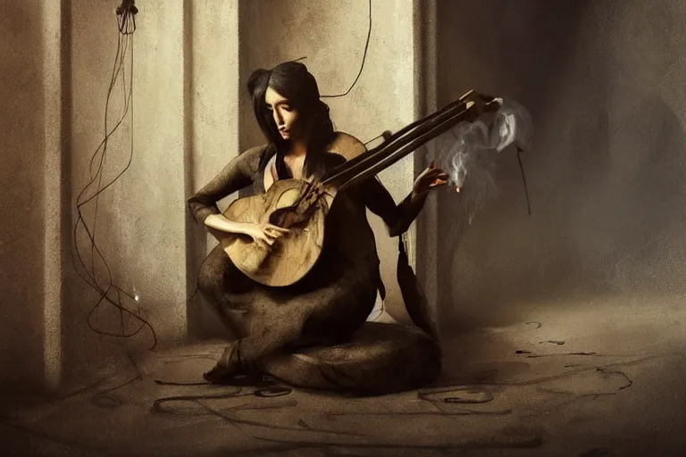 Prompt: still life of a lute with smoke wisping up from its smoldering string, cursed baroque with ebony inlay, designed by brian froud and hr giger leans against the wall alone, abandoned. an empty brutalist chamber, lonely, somberlate afternoon lighting cinematic fantasy painting by jessica rossier