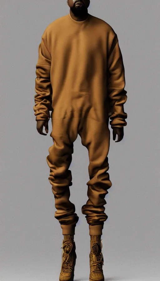 Image similar to high quality studio digital fashion art of a kanye west modelling yeezy futuristic hoddle. final product shot, all round angle. digital art, trending on artstation. marvelous designer. octane render. trending on futuristic fashion instagram.