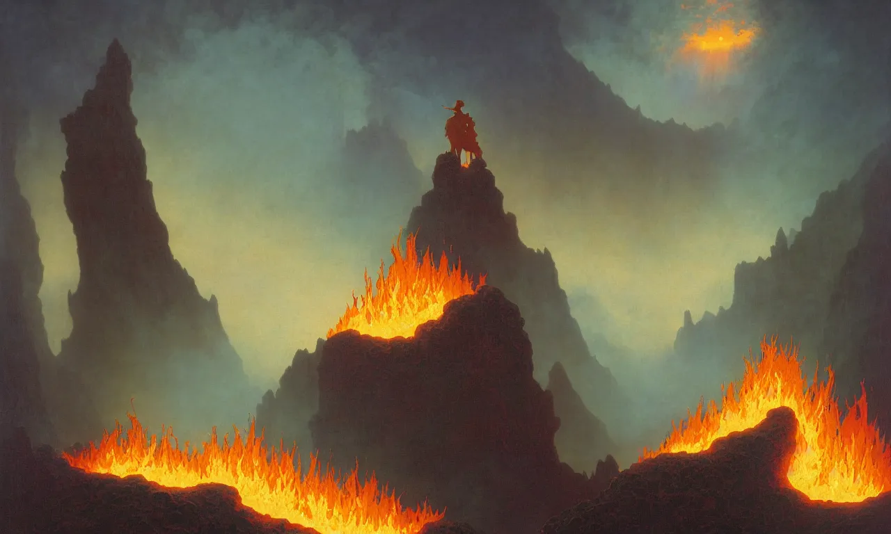 Prompt: The wandering lava mage standing on the misty edge of a fiery caldera by Albert Bierstadt and Gerald Brom and James Gilleard and Craig Mullins and Greg Hildebrandt and Dean Ellis and Arantza Sestayo, smooth round rocks, blue flames, low light, glowing orange and purple crystals, green vines, misty, smoky, tonalism, sfumato