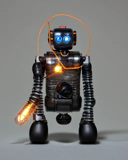 Prompt: close up portrait photo of mini robot made of spare electric parts and glowing nixie minimal liminal design