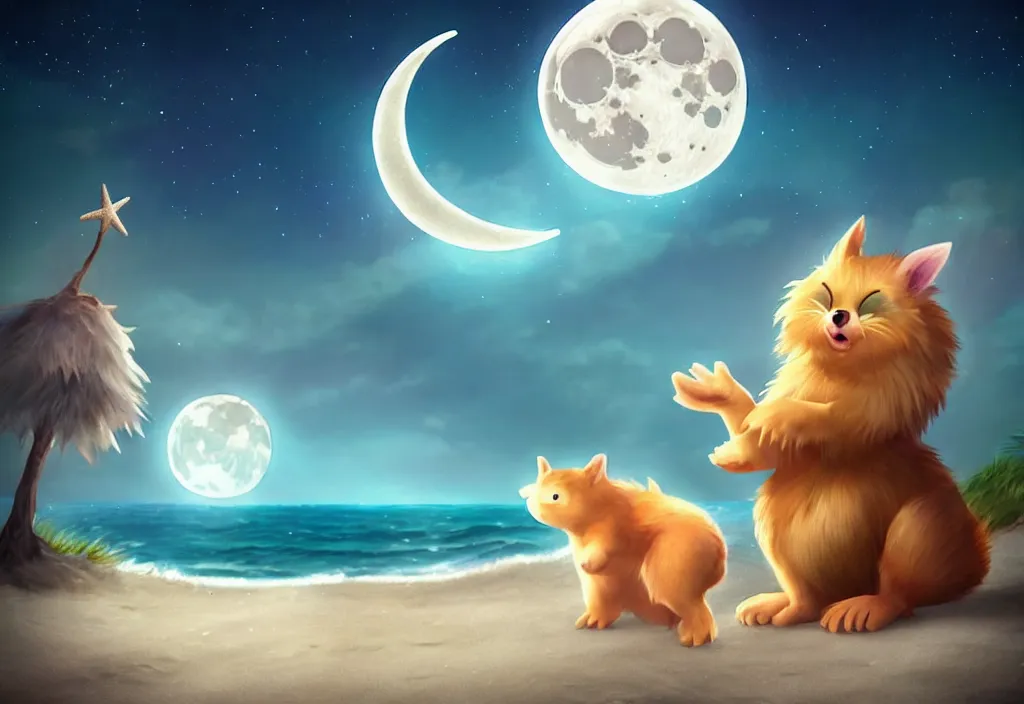 Image similar to cute magical fantasy animal at a beach looking at the moon, ultra realistic, concept art, highly detailed