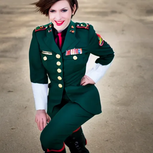 Image similar to brunette, short flip out hair, emerald eyes, evil smile, military uniform