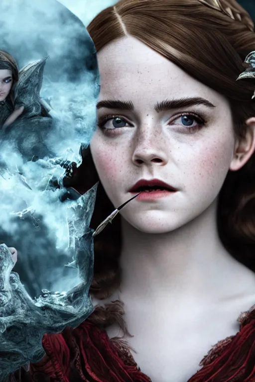 Image similar to a mix of of emma watson, anya taylor - joy and emma stone, evil sorceress elf, game of thrones scenes, hyperrealism, octane render, extremely detailed, intricate smoke magic, lace, style of mark ryden, earl nore, hyung tae, frank frazetta