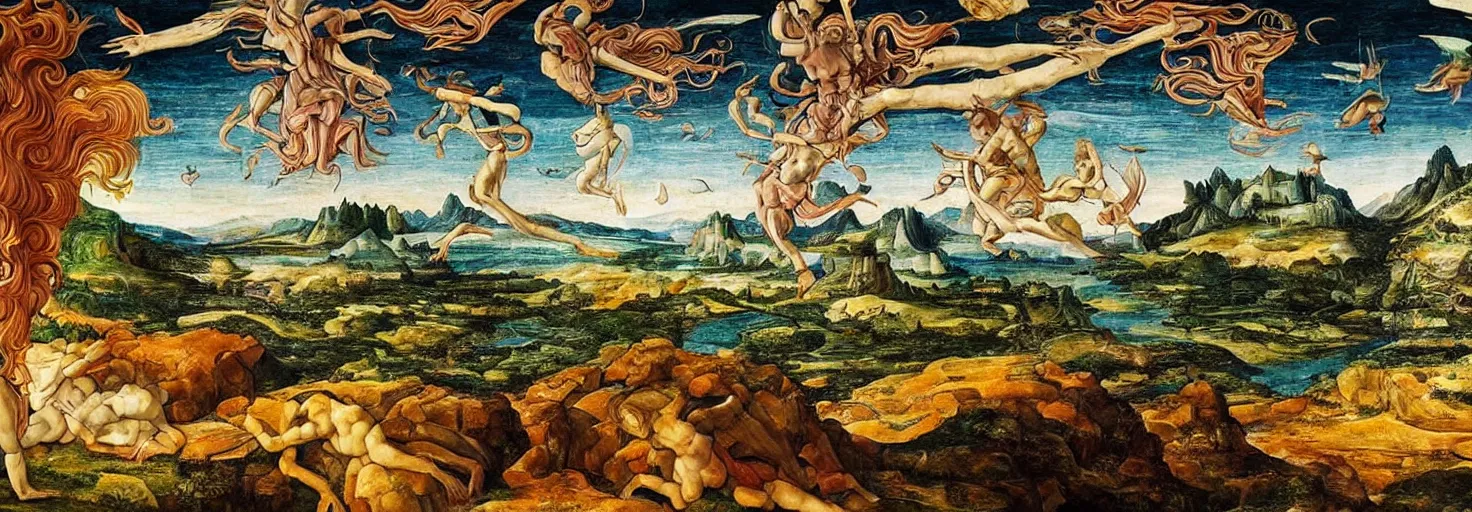 Prompt: beautiful landscape mural of an alien planet, lush landscape, vivid colors, intricate, highly detailed, masterful, fantasy world, in the style of sandro botticelli, caravaggio, albrecth durer