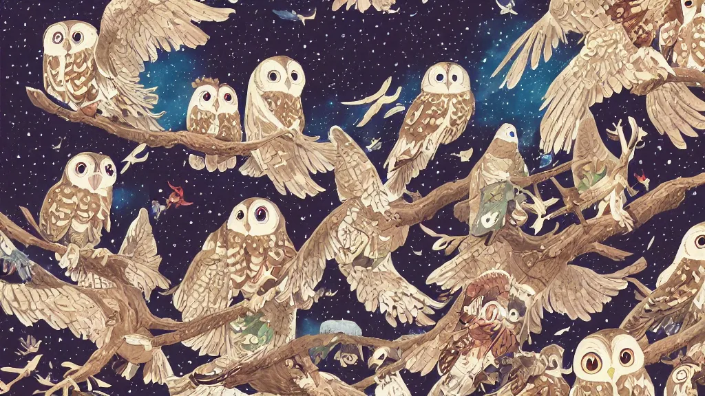 Prompt: very detailed, ilya kuvshinov, mcbess, rutkowski, watercolor ghibli quilt illustration of owls flying at night, colorful, deep shadows, astrophotography, highly detailed, wide shot