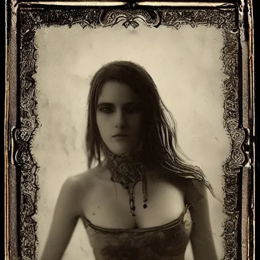 Image similar to old wetplate daguerreotype portrait of a beautiful woman, 3 0 years old, fractal, intricate, elegant, highly detailed, parallax, leica, subsurface scattering, by luis royo and greg rutkowski