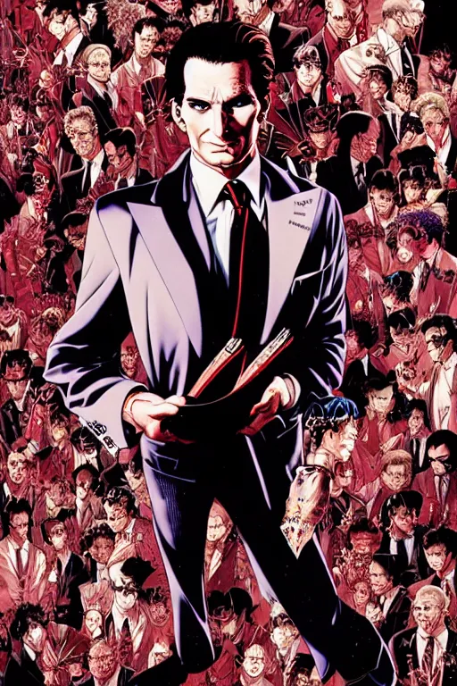 Prompt: poster of patrick bateman, by yoichi hatakenaka, masamune shirow, josan gonzales and dan mumford, ayami kojima, takato yamamoto, barclay shaw, karol bak, yukito kishiro