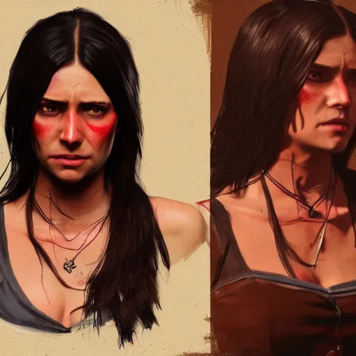 Image similar to tan woman with long dark hair and dark eyes in Red Dead Redemption 2, hyper detailed, concept art, 8k, artstation, cgsociety