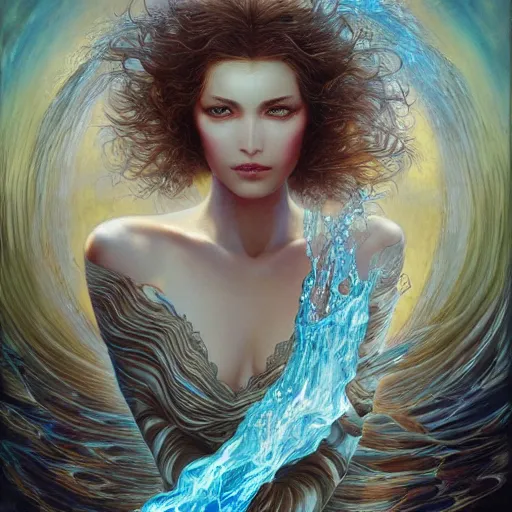 Image similar to a beautiful woman manipulating water by karol bak, ayami kojima, artgerm, river, water, blue eyes, smile, concept art, fantasy