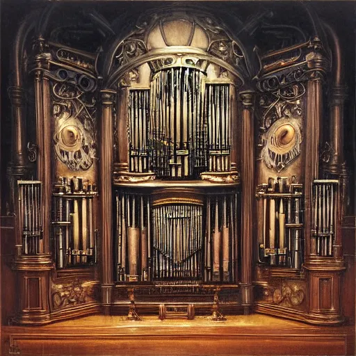 Image similar to steampunk pipe organ lp album art, intricate detail, mechanical, baroque oil painting by alan lee and jim burns