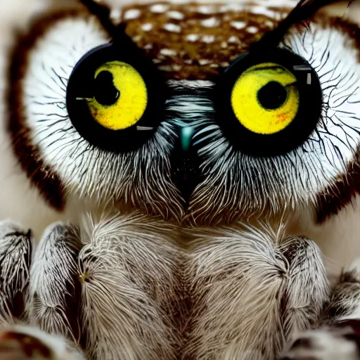 Image similar to jumping spider mixed with owl with 4 eyes, cute creature, hybrid, anamorphic lens, bokeh, kodak color film stock, macro shot