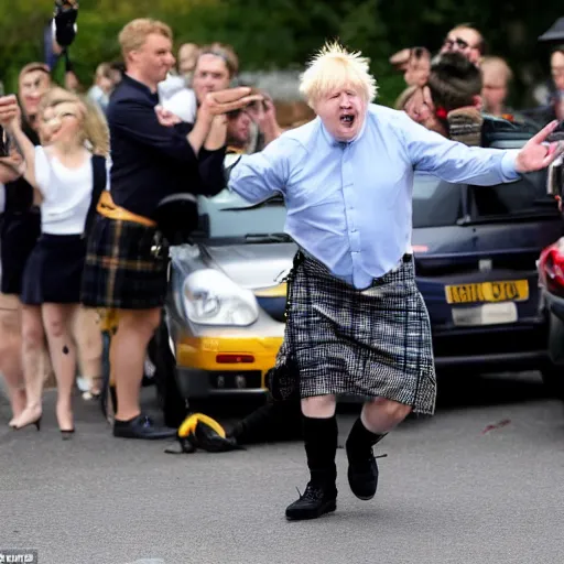 Prompt: boris johnson wearing a kilt, drinking beer and dancing on a parking lot next to a car