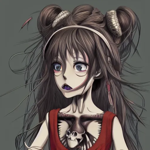 Image similar to manga fine details portrait of joyful skull girl, floeers in hair, Lizz Truss, skeleton. anime masterpiece by Studio Ghibli. 8k render, sharp high quality anime illustration in style of Ghibli, artstation