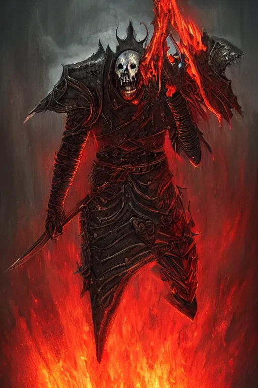 Image similar to undead flame knight with blade arms, digital art, trending on artstation, professional illustration by seb mckinnon, david romero, artgerm, ultra detailed, fantasy, unsettling, creepy, horror