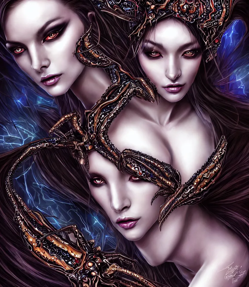 Image similar to close up portrait on the enchanting femenine queen of the zerg, hyper attractive, seductive, very complex, hyper-maximalist, overdetailed, legendary cinematic, darkfantasy, archetype with timeless beauty breathtaking eyes, her spider like legs spread evenly around her framing the image, collossal alien ship in the sky behind her, highly intricate, digital art, very elegant, HDR 8K, biblical art, realism, incomprehensible yet perspicious detail, unbeatable quality, silent hill aesthetic, photorealistic, lifelike, DSLR 8k, unbeatable coherency, Omnious intricate, octane render, created Nixeu & z--ed from deviantart