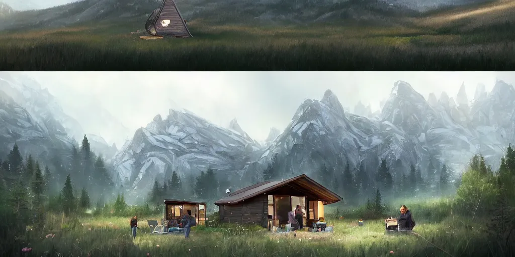 Image similar to cabela's beautiful comfortable futuristic pop up insulated all terrain family pod, cabin, modular, person in foreground, mountainous forested wilderness open fields, beautiful views, painterly concept art, joanna gaines, environmental concept art, farmhouse, magnolia, concept art illustration by ross tran, by james gurney, by craig mullins, by greg rutkowski trending on artstation